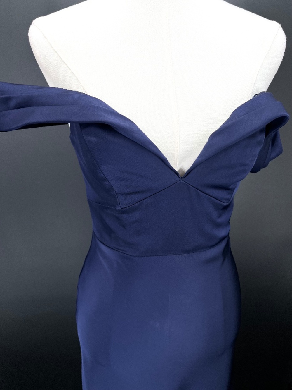 Theia Navy Blue Satin Off-the-Shoulder Formal Gown